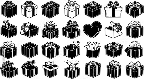 Monochrome Black and White Line Art Icons Set of Gift Boxes and Presents for Holidays, Celebrations, and Retail Vector Design Elements