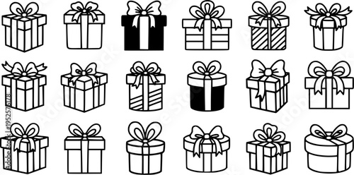 Black and White Line Art Gift Boxes and Presents Icons Set. Celebration, Holiday, Retail, and Shopping Glyph Collection for Surprise Giving.