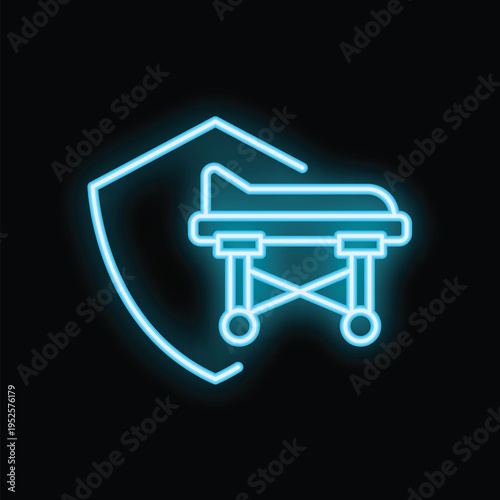 Neon blue icon of a hospital bed positioned within a protective shield, symbolizing comprehensive medical insurance coverage