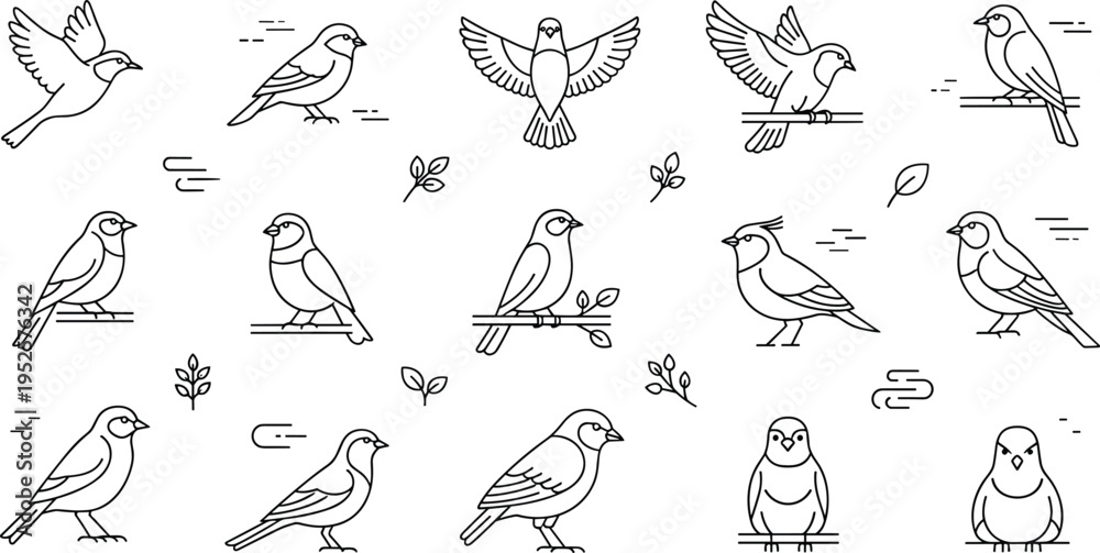 Obraz premium Minimal Line Art Birds Set with Simple Designs and Nature Elements Vector Illustration Collection
