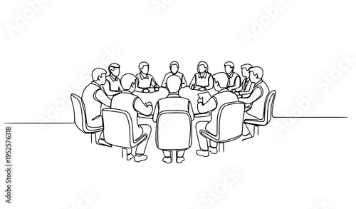 A minimalist line art illustration of a business meeting with people sitting around a table