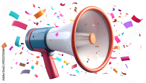 Megaphone 3D render with confetti; loud announcement for advertising; colorful; studio shot
