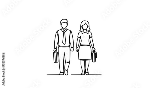A minimalist line art illustration of a man and woman walking together