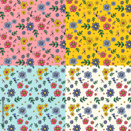 Set of Cute Floral Seamless Patterns with Flowers and Dragonflies