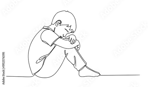 A minimalist line art illustration of a sad boy sitting alone