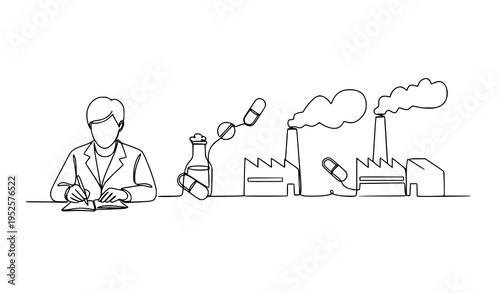 A scientist working in a laboratory with a factory producing medicine in the background