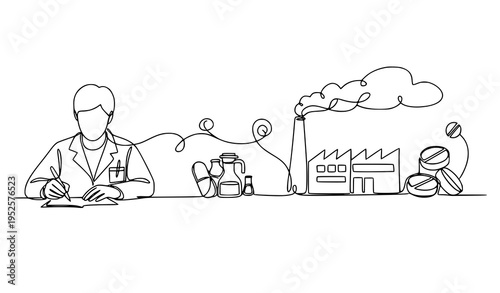 A minimalist line art illustration of a doctor sitting at a desk with medical equipment and a factory in the background
