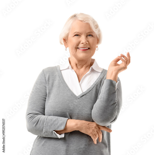 Senior woman smiling on whi...