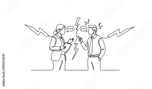 A minimalist line art illustration of a tense conversation between two coworkers