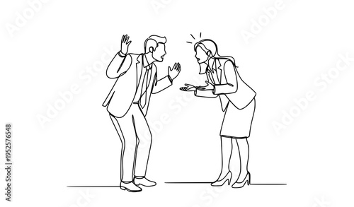 A vector graphic illustration of a man and woman in a business setting with a conflict