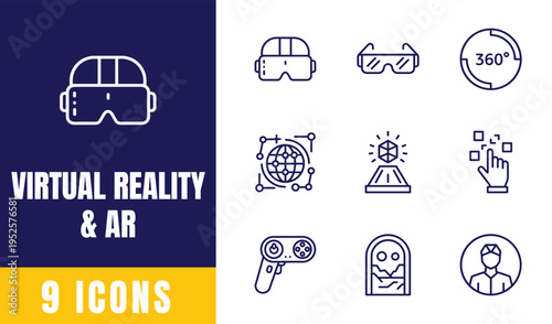 Virtual Reality and AR Icon Set — VR Headset, AR Glasses, 360 View, Hologram, Digital World Line Art