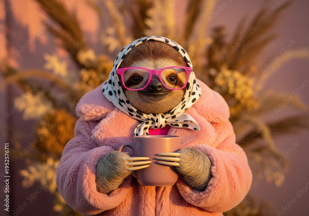 Obraz premium Whimsical sloth wearing pink glasses and a fur coat holding a mug