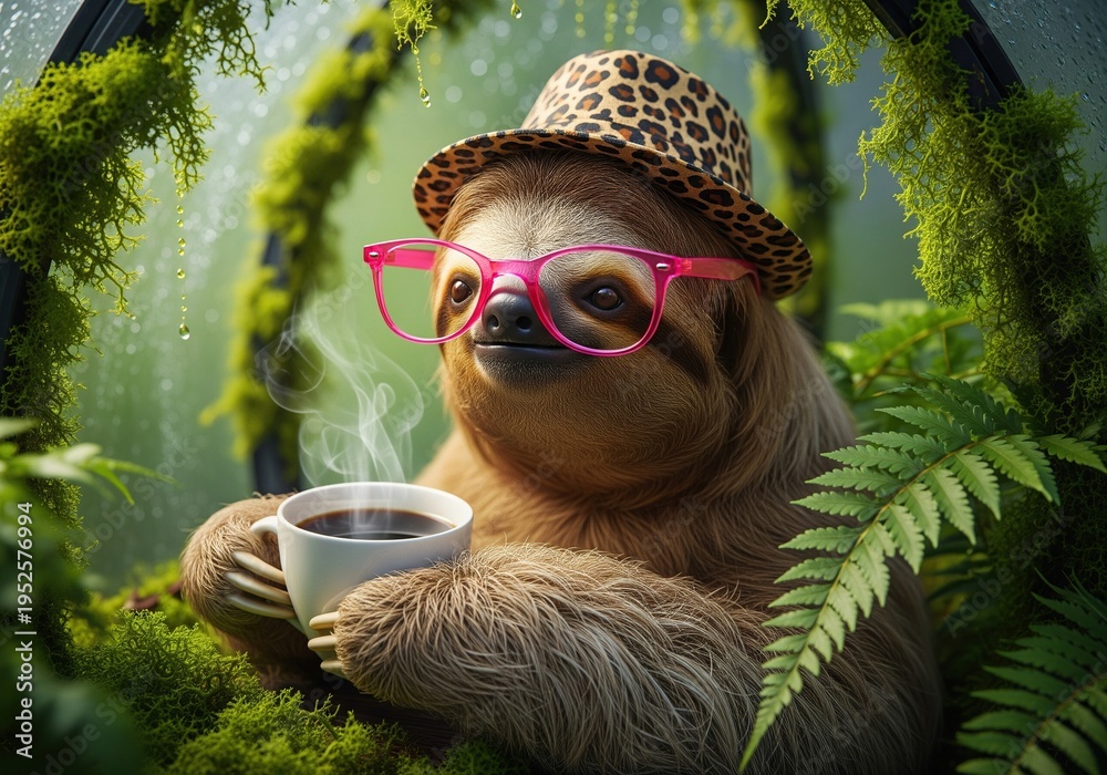 Naklejka premium Adorable sloth in a leopard print hat and pink glasses enjoys a hot cup of coffee in a lush greenhouse