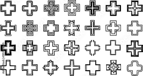 Diverse Cross Symbols Collection Black and White Line Art Vector