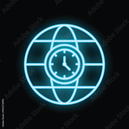 Neon sign of a clock overlaying a globe representing the concept of worldwide business hours