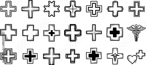 Black and White Medical Cross Icons Set, Health Care Plus Symbols, Clinic and Hospital Signs, Line Art Stock Vector Collection