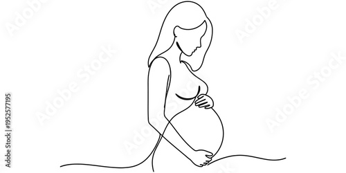 Minimal one line pregnant woman holding belly motherhood concept