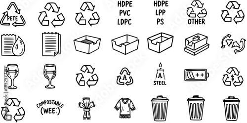 Recycling symbols and icons set, black and white line art, clean design
