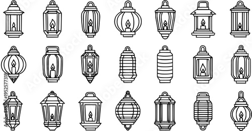 Black and White Line Art Icons of Various Traditional Lanterns, Candle Lights, Vector Collection