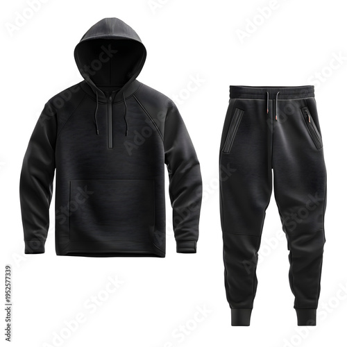 Black athletic tracksuit mockup with hooded sweatshirt and matching joggers, premium tech fleece hoodie and sweatpants set for sportswear branding