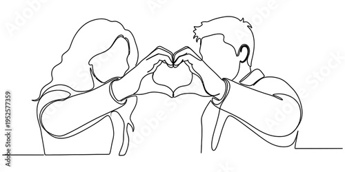 Minimalist Continuous Line Drawing of Couple Making Heart Shape Hand Gesture