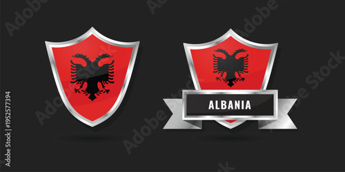 Luxury silver metallic shield and banner featuring the double-headed eagle flag of Albania (Shqiperia). High-quality 3D vector illustration for Albanian national pride and identity.