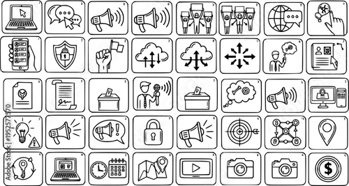 Black and White Line Art Icons for Digital Marketing, Business, and Technology