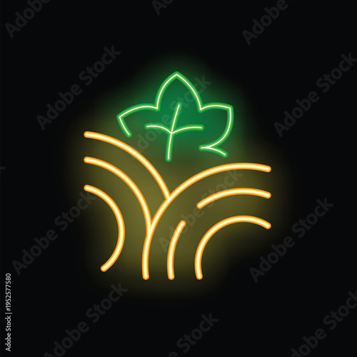 Green plant sprout growing from plowed rows, neon icon symbolizing agriculture and nature