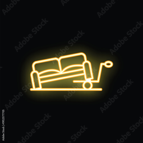 Glowing neon yellow sofa being moved using a hand truck, representing furniture delivery or relocation services