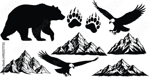 Bear silhouettes, eagle flying wings, mountain ranges, wildlife paw prints, wilderness adventure, outdoor nature conservation, national park inspired vector illustration