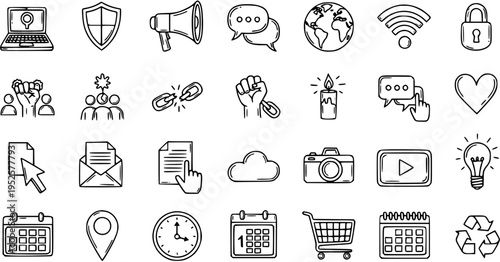 Black and White Line Art Icons for Technology and Communication, Vector Set