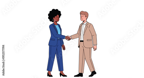 Two diverse business professionals, a woman in a blue suit and a man in a tan suit, shake hands, symbolizing agreement and partnership.