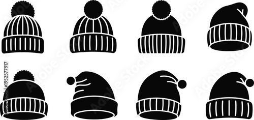 Black winter hat silhouettes with pom-poms, ribbed knit caps, slouchy beanies, fashion headwear icons, seasonal clothing vector illustration design