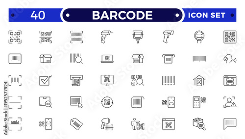 Barcode and QR Code Scanner Outline Icons – Retail Inventory System, Digital Laser Reader, Handheld Device, POS Payment, Warehouse Logistics Identification Collection