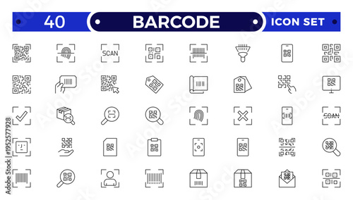 Barcode and QR Code Scanner Outline Icons – Retail Inventory System, Digital Laser Reader, Handheld Device, POS Payment, Warehouse Logistics Identification Collection
