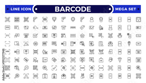 Barcode and QR Code Scanner Outline Icons – Retail Inventory System, Digital Laser Reader, Handheld Device, POS Payment, Warehouse Logistics Identification Collection
