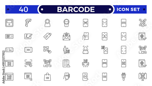 Barcode and QR Code Scanner Outline Icons – Retail Inventory System, Digital Laser Reader, Handheld Device, POS Payment, Warehouse Logistics Identification Collection