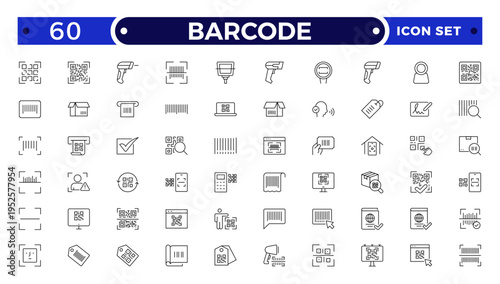 Barcode and QR Code Scanner Outline Icons – Retail Inventory System, Digital Laser Reader, Handheld Device, POS Payment, Warehouse Logistics Identification Collection