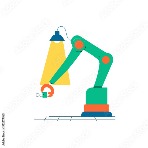Neon Robotic Arm Assembling Electronics in Minimalist Smart Factory