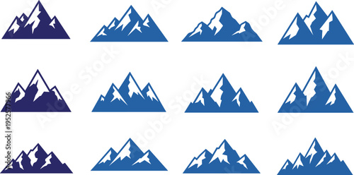 Blue and purple mountain icons with snowcaps, stylized peaks, nature landscape vector illustration, outdoor adventure, graphic design collection