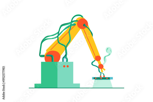 Neon Robotic Arm Assembling Electronics in Minimalist Smart Factory