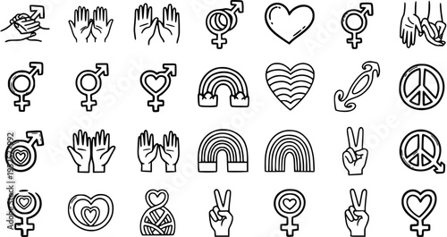 Diverse Icons: Female, Male, Rainbow, Heart, Peace, Hands - Black and White Line Art Symbols