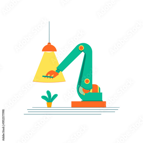 Neon Robotic Arm Assembling Electronics in Minimalist Smart Factory