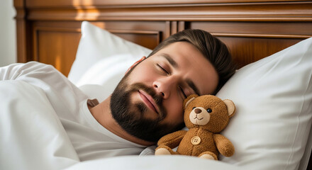 Handsome man sleeping peacefully in bed with cute teddy bear perfect for cozy home lifestyle and relaxation goal