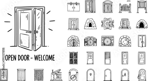 Black and White Line Art of Various Doors, Open Door Welcome Concept