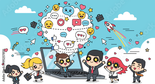 Cartoon illustration of a diverse business team interacting with a laptop surrounded by social media icons and symbols against a blue sky with clouds.