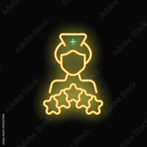 Yellow neon icon of a nurse wearing a cap with a medical cross, receiving three stars for providing great service