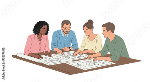Four diverse colleagues, two men and two women, are engaged in a collaborative meeting, examining and discussing architectural blueprints on a table.