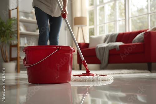 A person is mopping a shiny floor with a red bucket and a mop in a bright living room