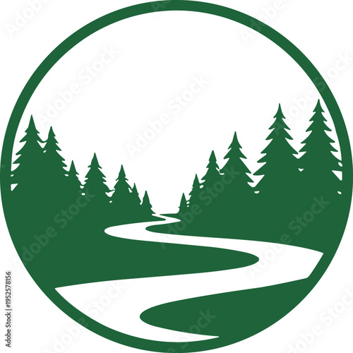 Circular nature landscape emblem with winding path, evergreen pine trees, outdoor exploration, environmental conservation vector illustration design